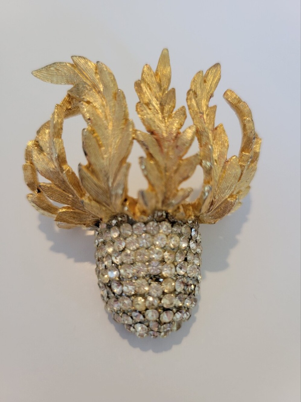 Vintage Rhinestone & Brushed Gold-tone Metal Thistle Brooch *Flaws* Pretty!
